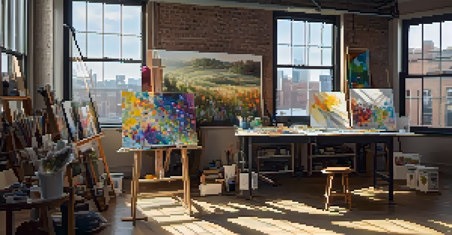 An artist's studio filled with artworks and supplies, bathed in warm natural light from large windows.