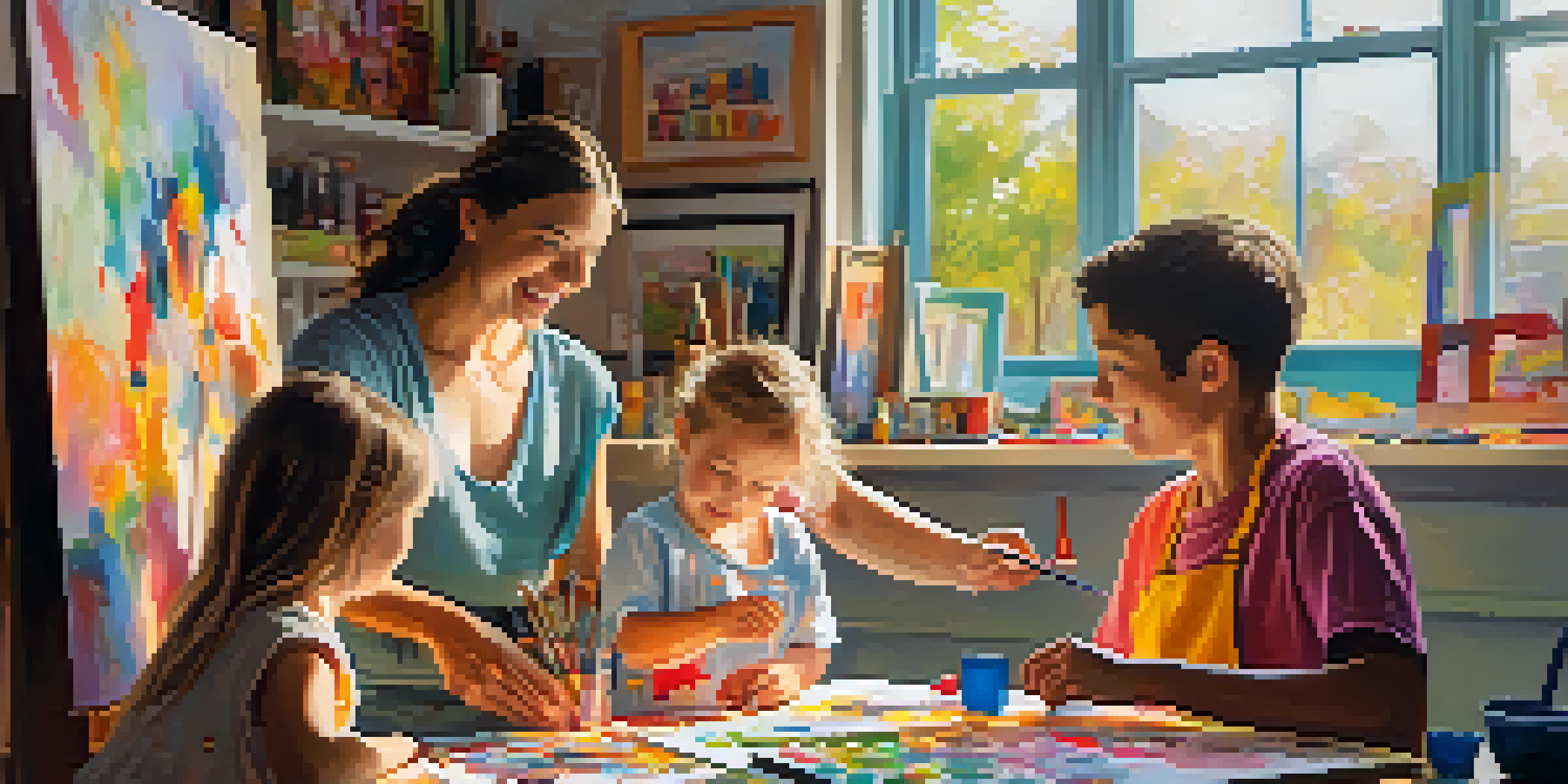 A family of four painting together in a bright art studio filled with colorful artwork and art supplies.