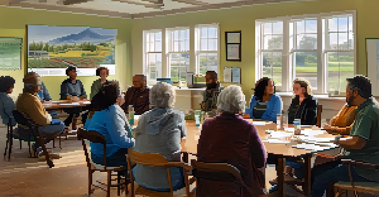 Residents gathered in a community center, discussing homeownership opportunities and community land trust initiatives, surrounded by charts and diagrams.