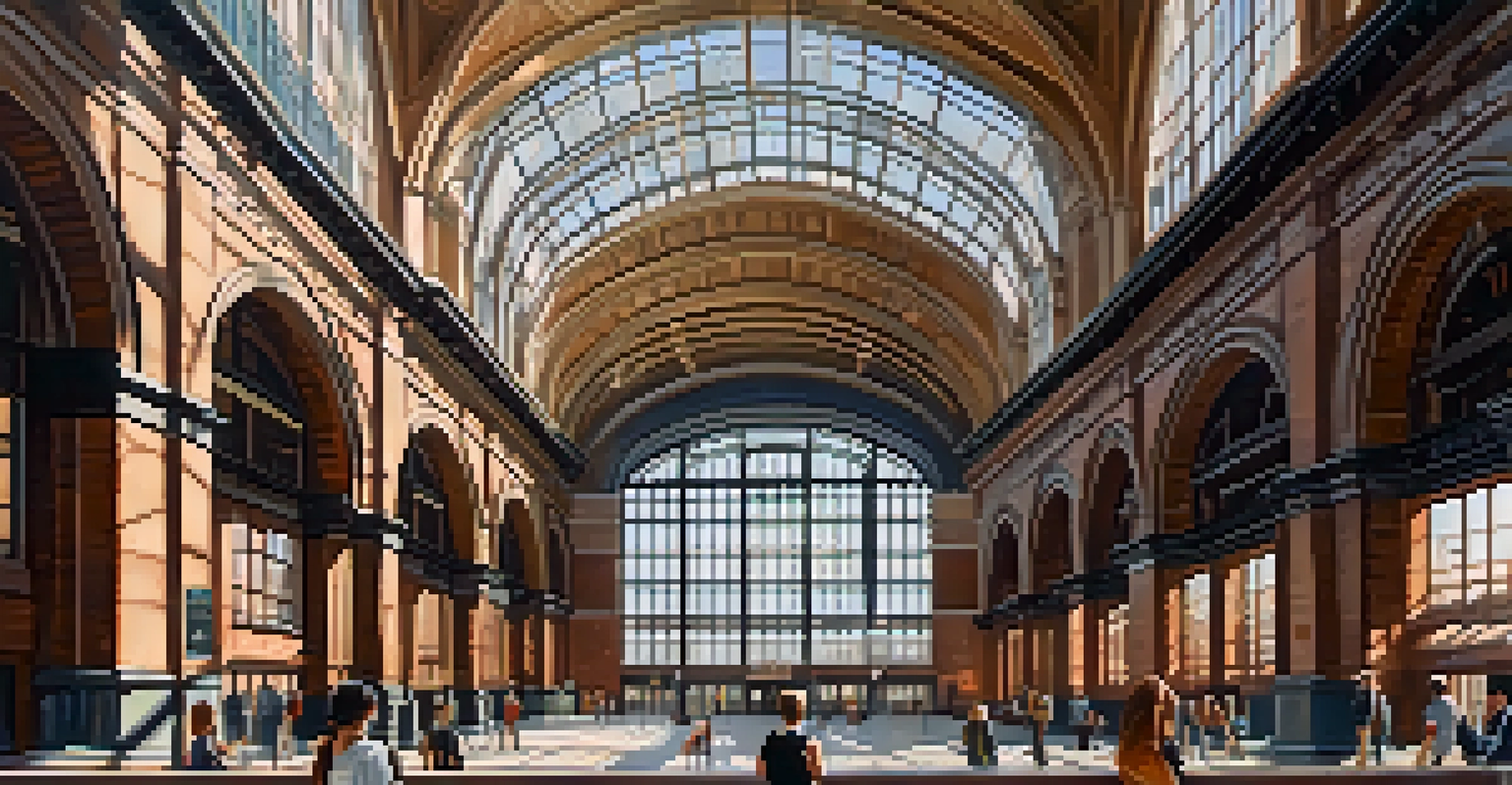 A close-up view of the historic Central Railroad of New Jersey Terminal, showcasing its brick architecture and visitors inside.