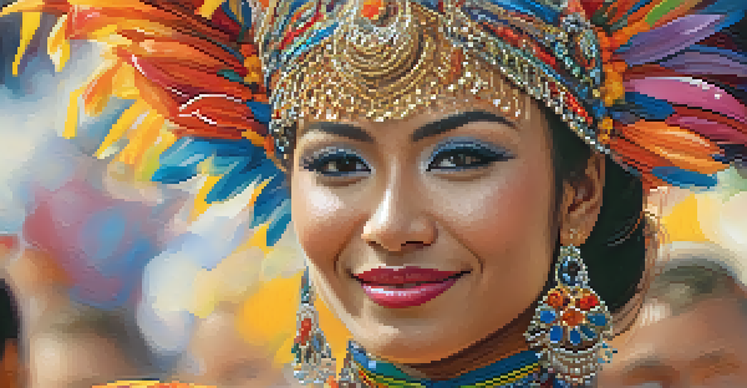 A close-up of a joyful dancer in traditional attire, capturing the intricate details of their costume against a colorful parade background.