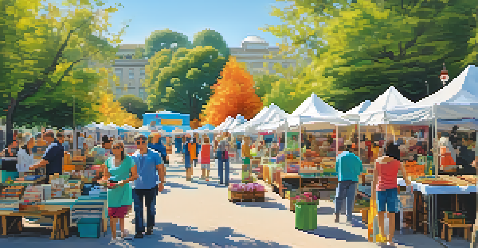 A bustling outdoor market featuring local artists selling their crafts, with families enjoying the lively atmosphere.
