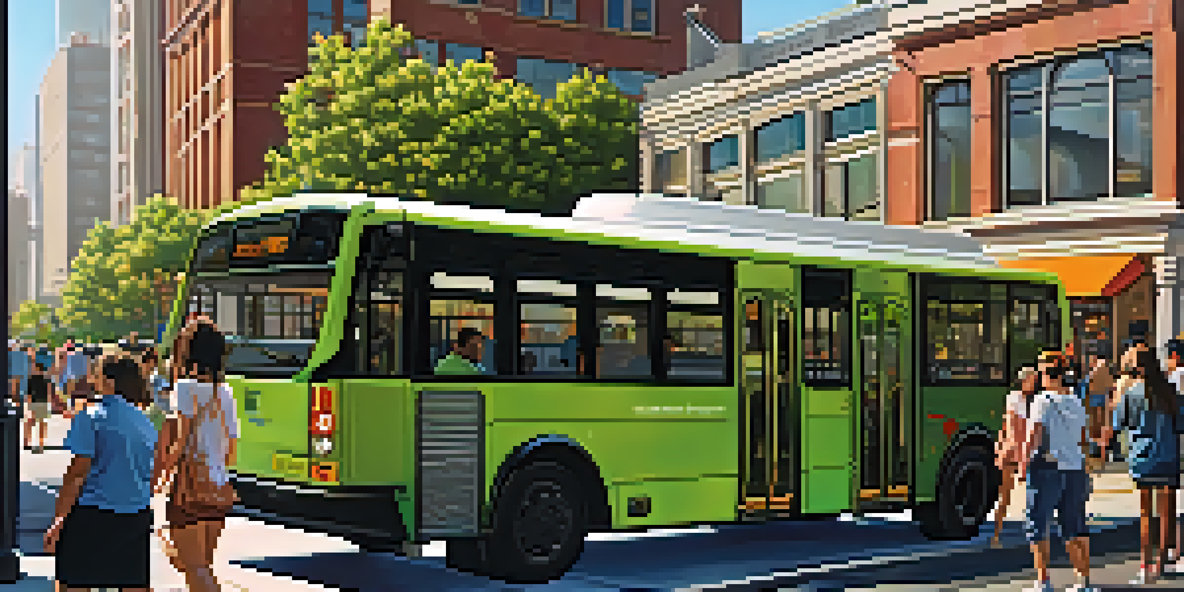 A busy city street in Jersey City with a modern electric bus, people waiting at the stop, and a bright sunny day.