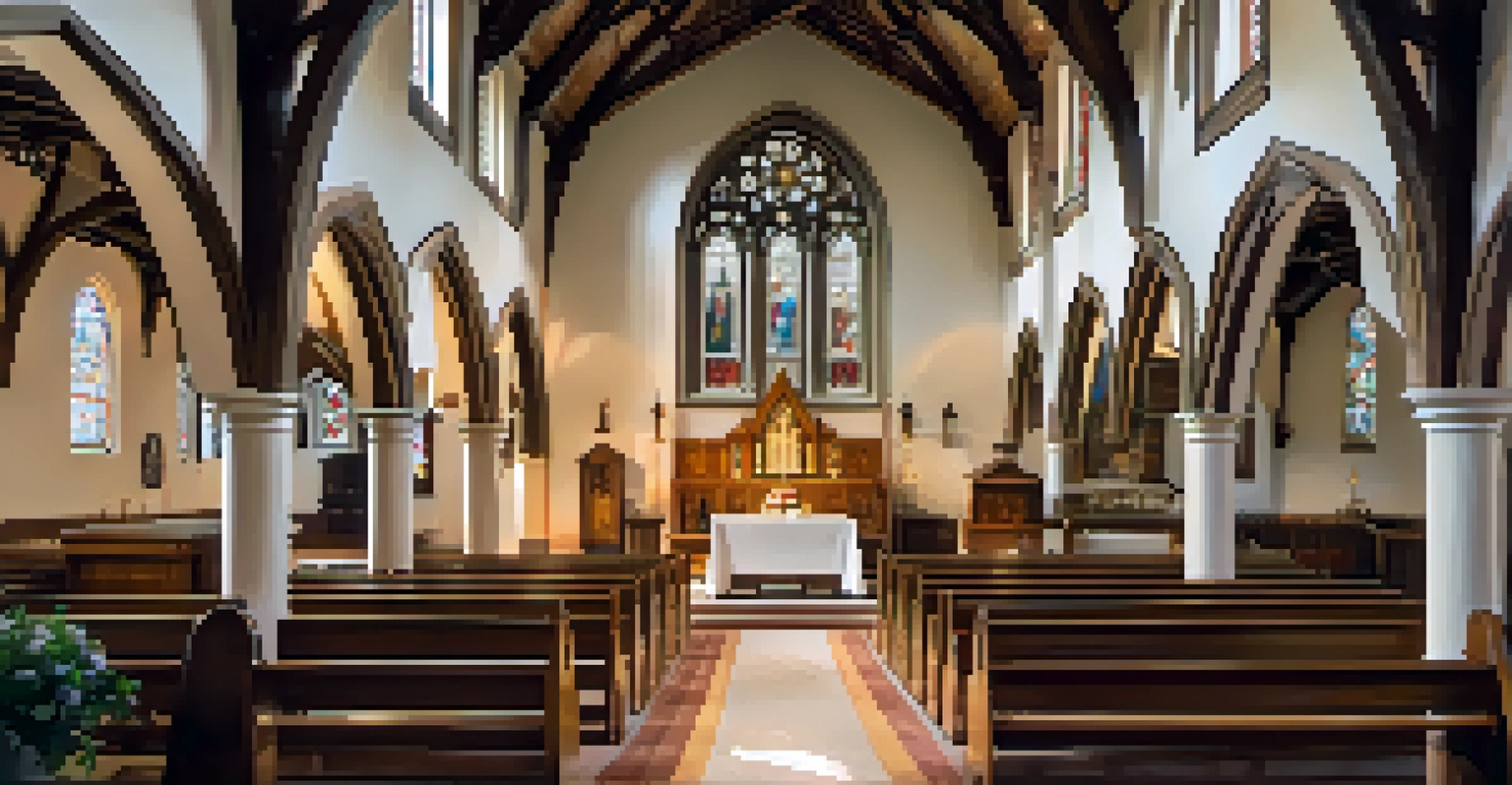 Interior view of St. Aedan's Church with stained glass and wooden pews.