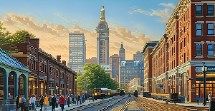 A scenic view of Jersey City's historic downtown with a mix of Victorian and modern architecture, cobblestone streets, and people enjoying the area during golden hour.