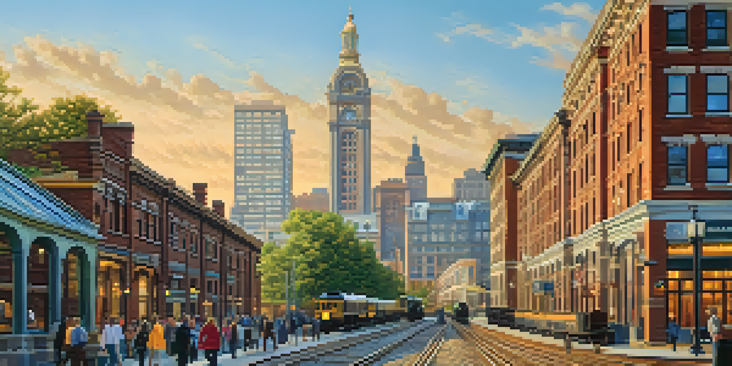 A scenic view of Jersey City's historic downtown with a mix of Victorian and modern architecture, cobblestone streets, and people enjoying the area during golden hour.