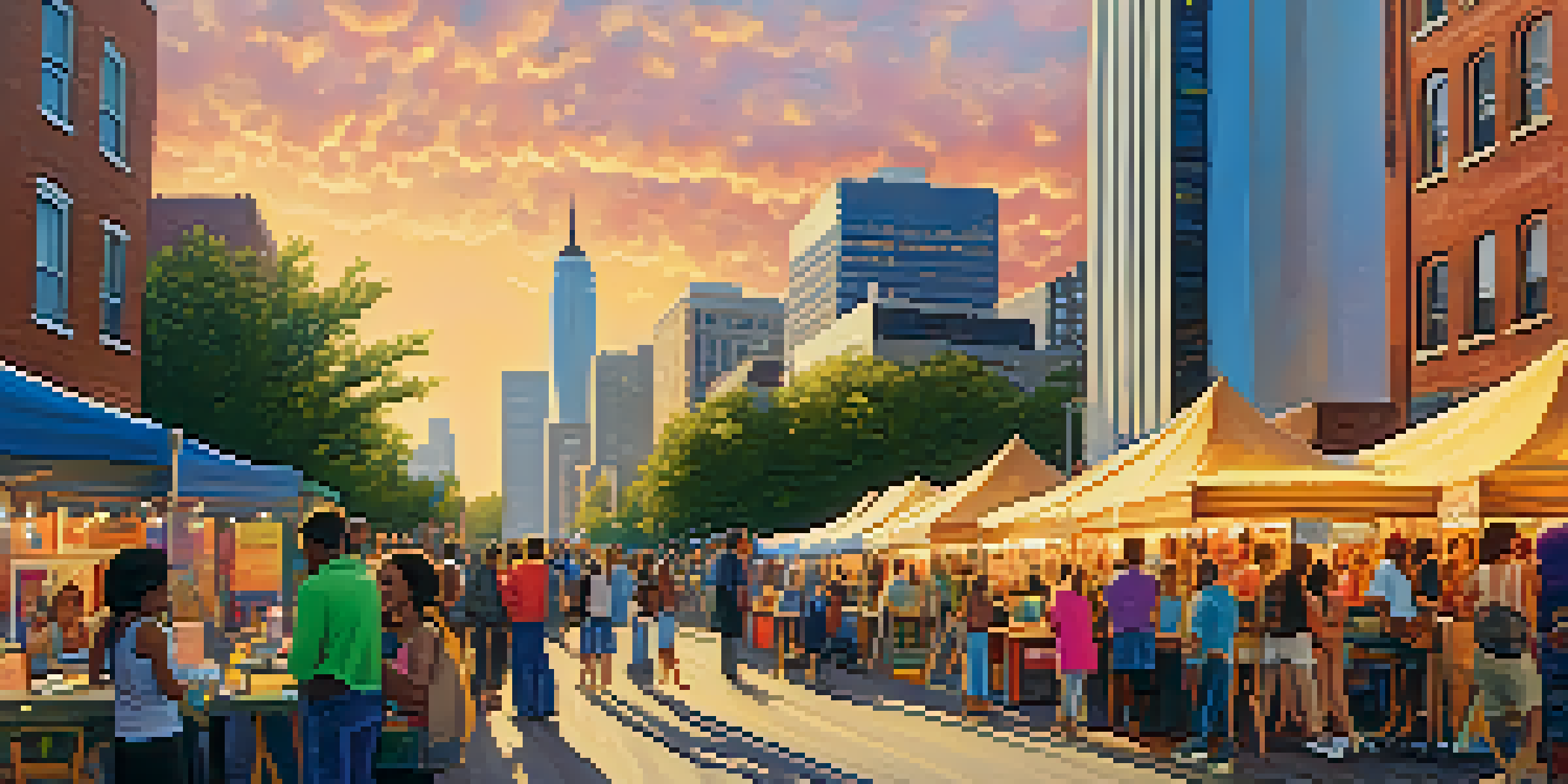 A lively outdoor literary festival in Jersey City with colorful tents, diverse attendees discussing books, and the city skyline in the background during sunset.