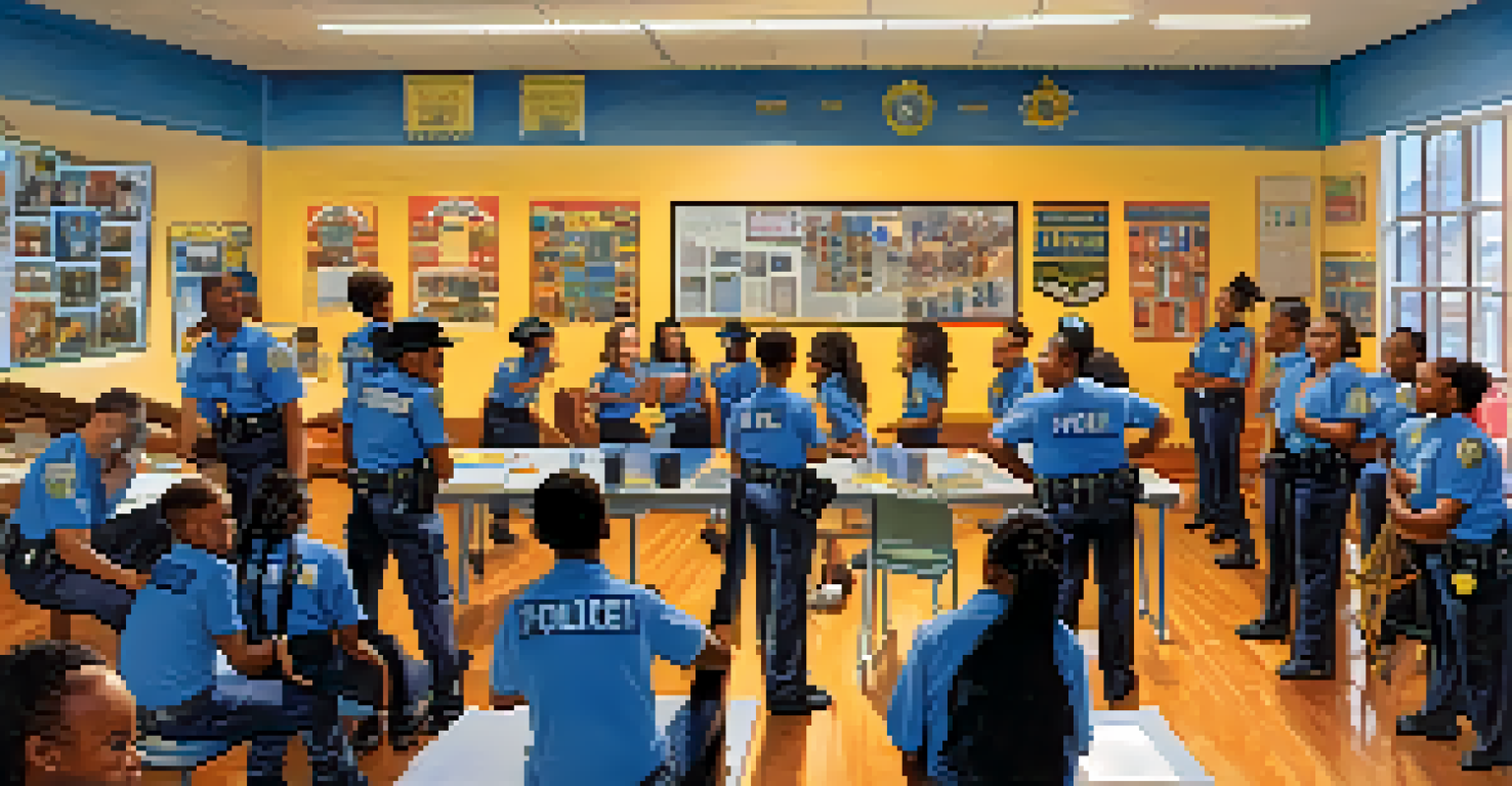 Teenagers engaged in a mock police academy program at a community center, learning about law enforcement with officers.