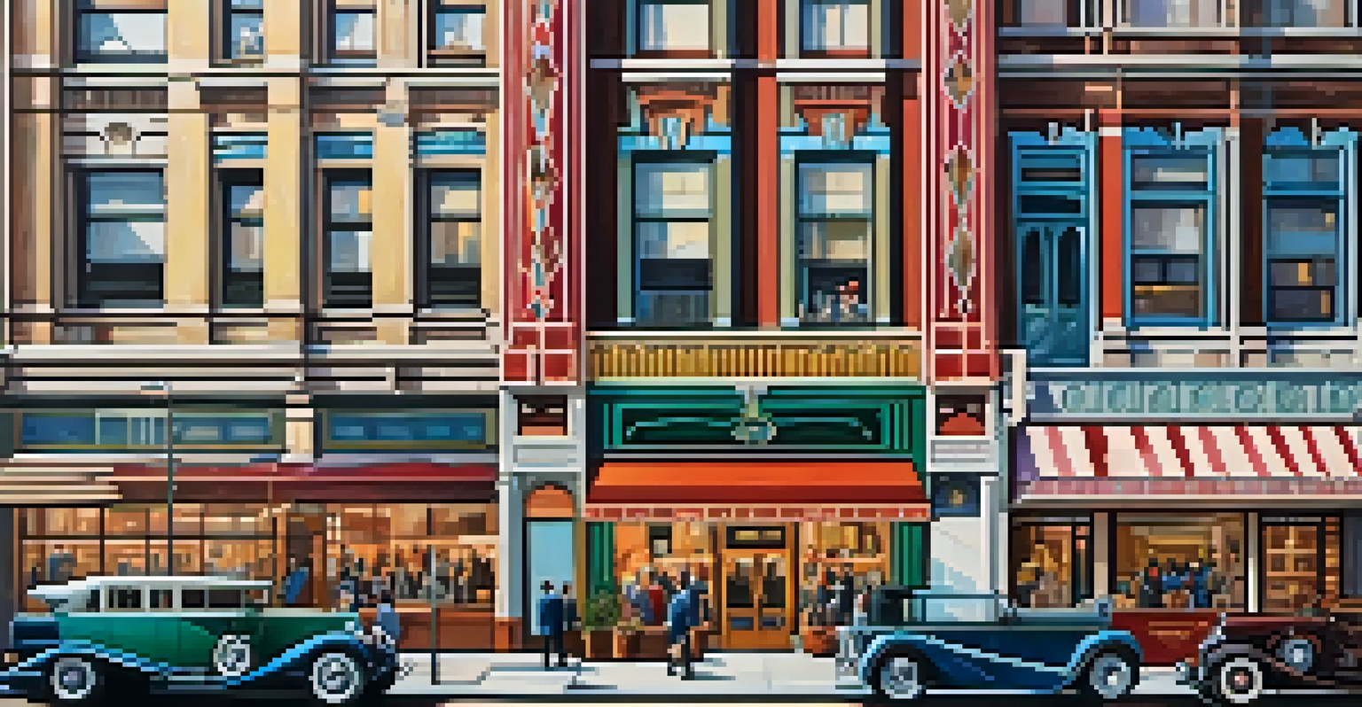An Art Deco building in Jersey City, showcasing geometric shapes and bright colors, with people and vintage cars in the foreground.
