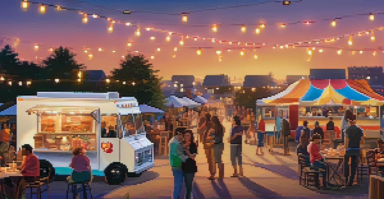 An enchanting food truck festival at night, with illuminated food trucks and people savoring gourmet meals under string lights.