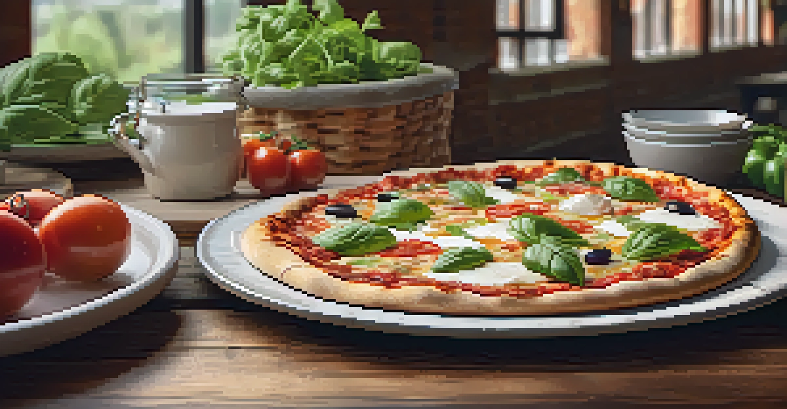 A delicious artisanal pizza with fresh toppings on a rustic wooden table in a casual dining setting.