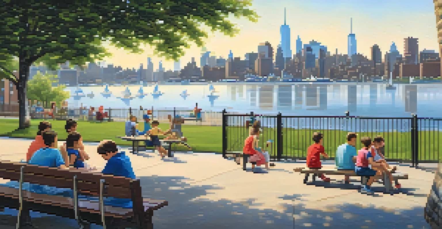 Families having a picnic at Paulus Hook Park, with the Hudson River and Manhattan skyline in the background.