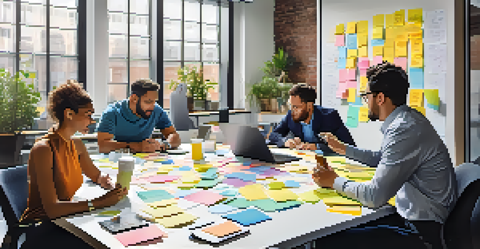Close-up of entrepreneurs in a modern office brainstorming with a whiteboard full of notes and laptops on the table.
