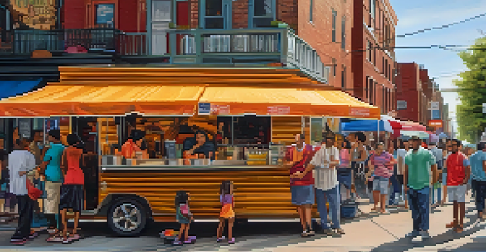 A busy street in Jersey City featuring a taco truck and a café, with people of different ethnicities interacting in a lively atmosphere.