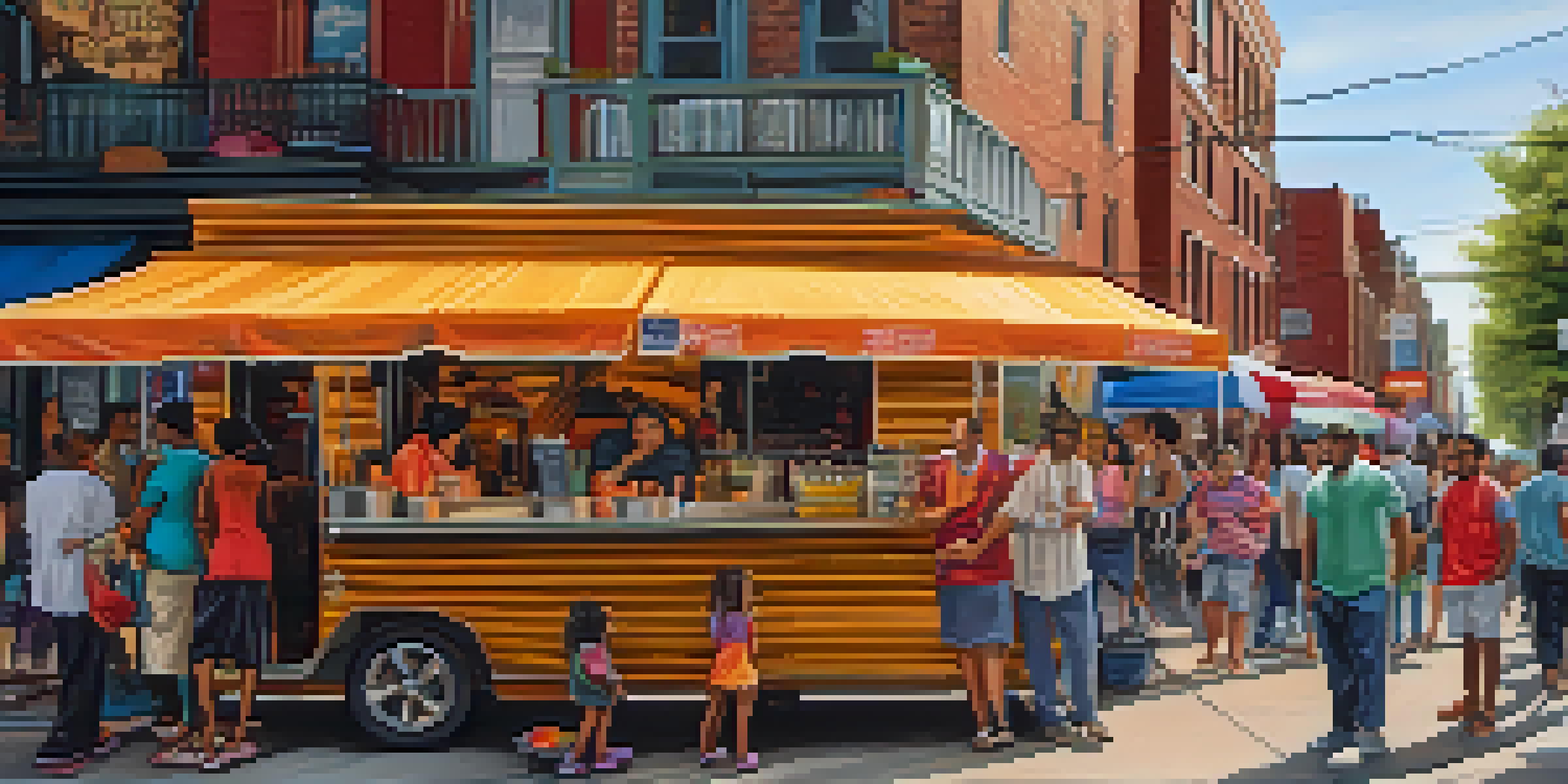 A busy street in Jersey City featuring a taco truck and a café, with people of different ethnicities interacting in a lively atmosphere.