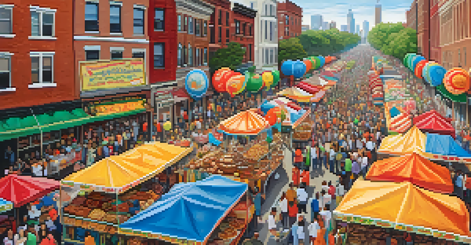 An aerial view of a Jersey City parade with food stalls and families celebrating, enjoying a colorful and festive atmosphere.