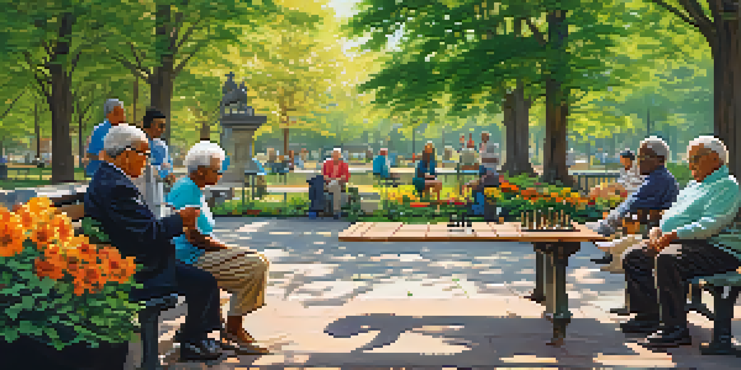 A peaceful park in Jersey City where seniors are enjoying different activities like playing chess and painting, surrounded by greenery and flowers under sunlight.
