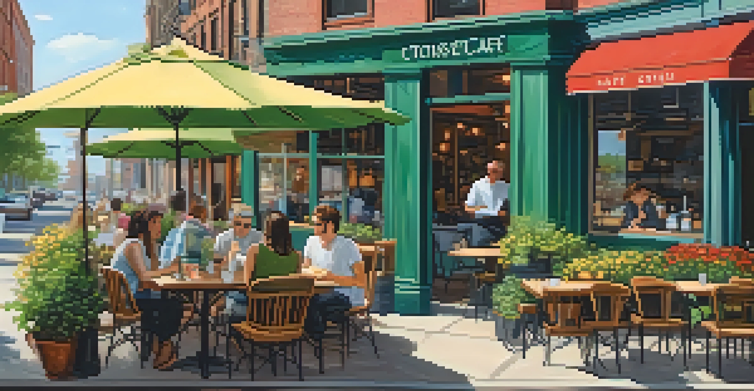 A vibrant outdoor cafe in Jersey City, filled with patrons enjoying coffee and pastries on a sunny day, surrounded by greenery and colorful flowers.