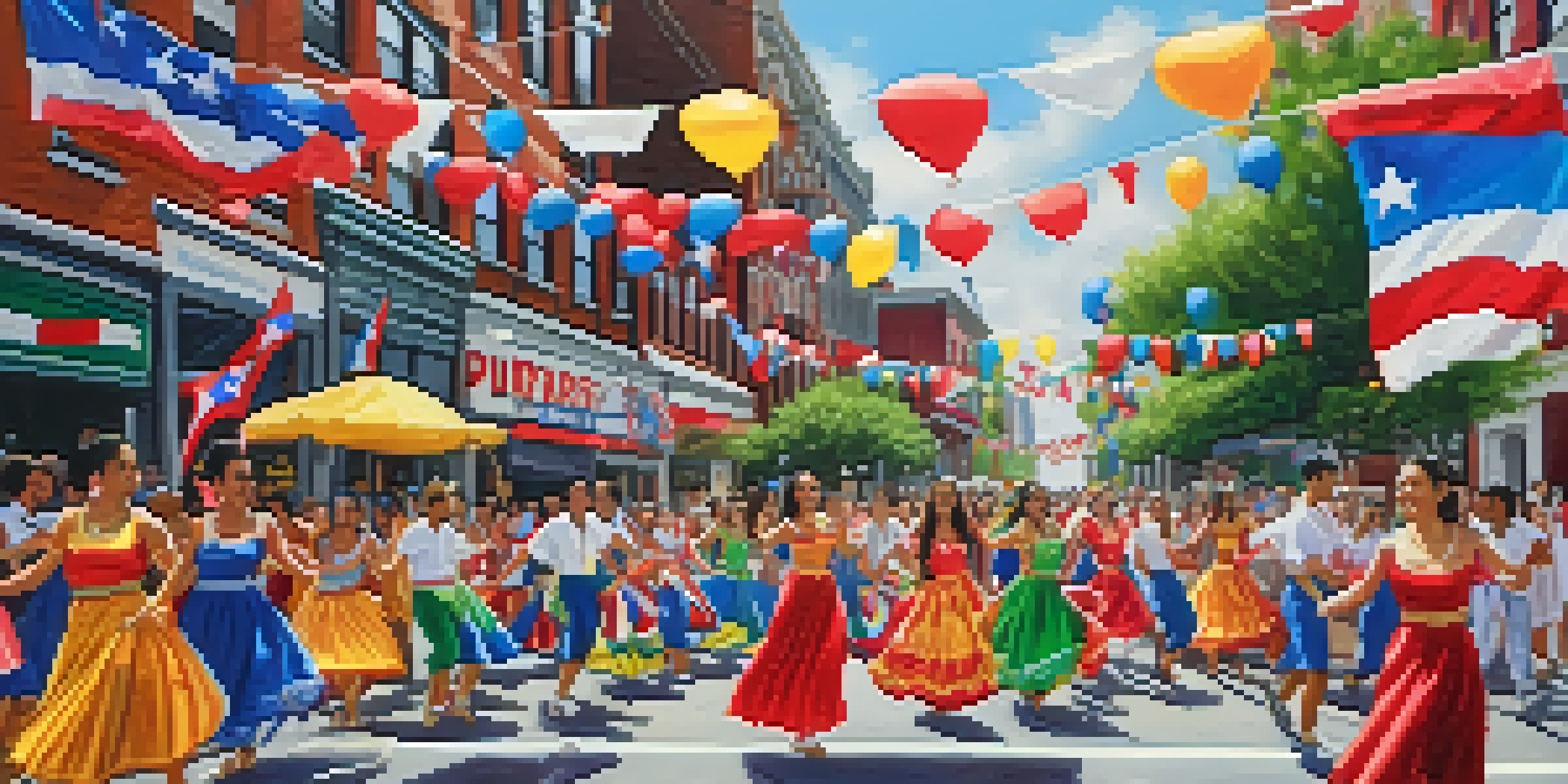 A lively street scene of the Jersey City Puerto Rican Day Parade with colorful floats and participants in traditional attire dancing.