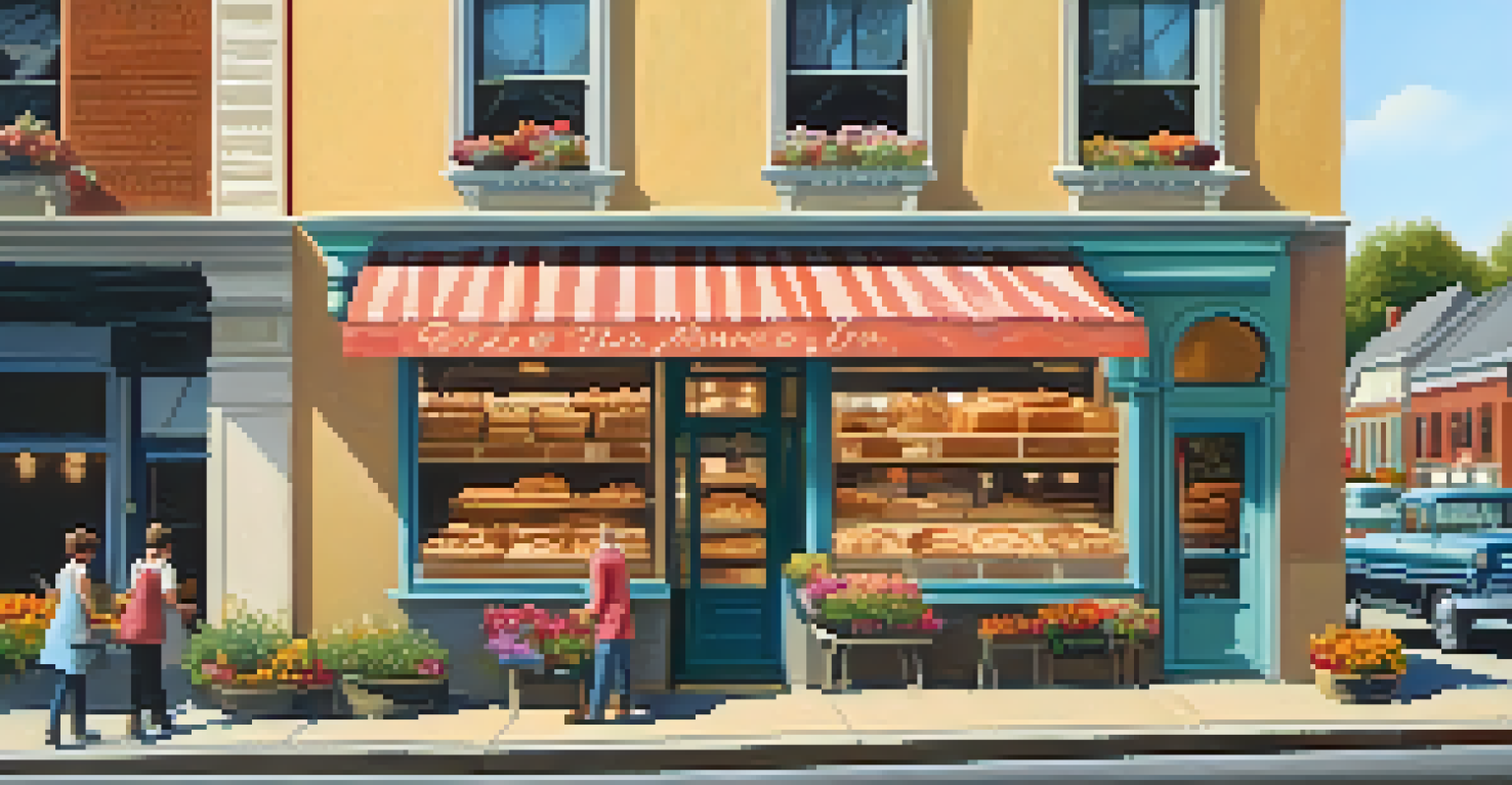 A quaint bakery showcasing fresh pastries and a baker preparing inside, with a welcoming storefront.