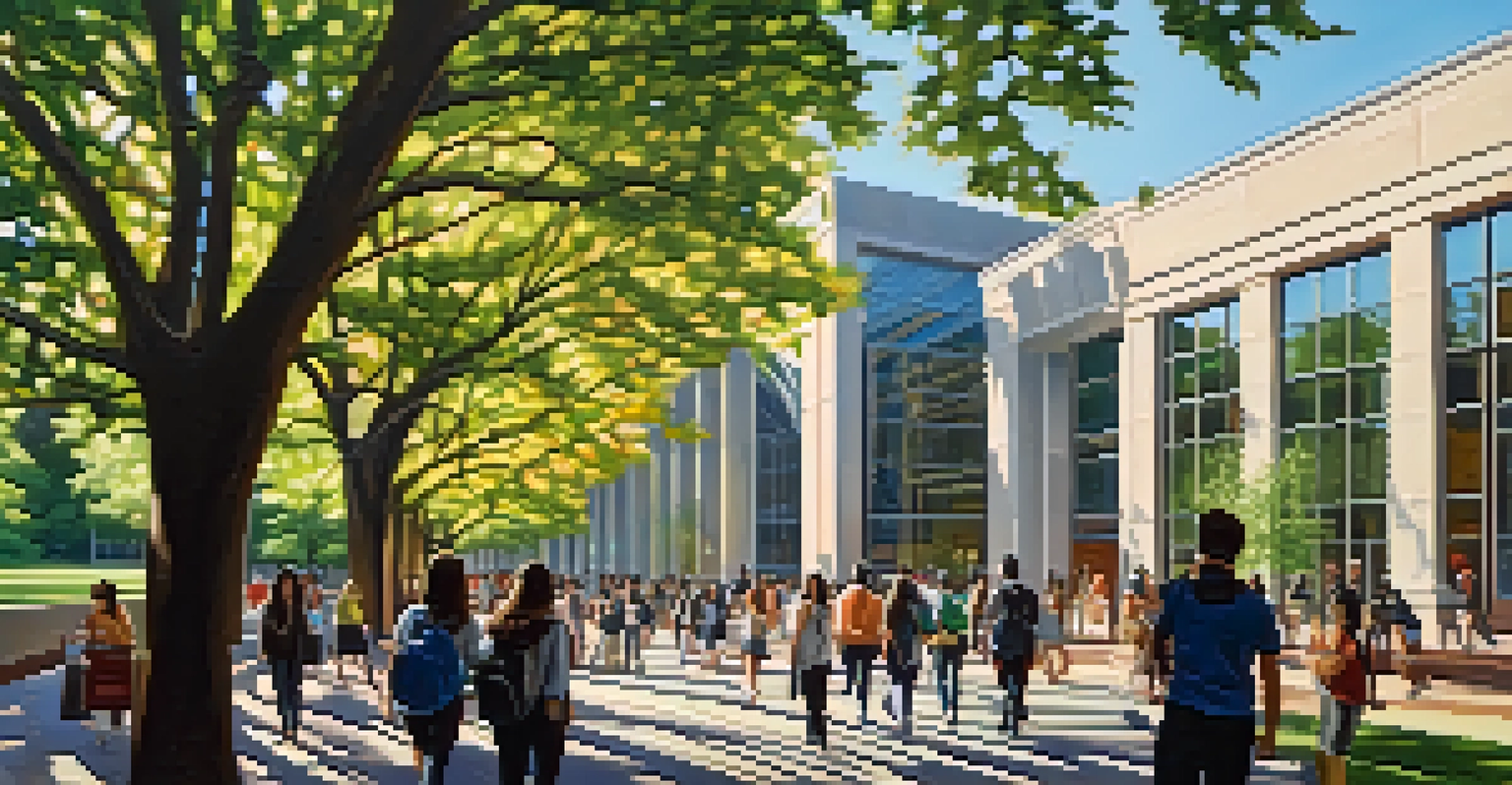 A sunny day at New Jersey City University with students walking and banners promoting cultural events.