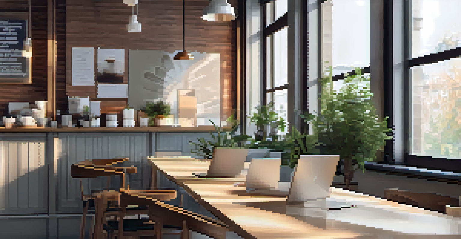 A serene café workspace with minimalistic decor, a digital nomad working on a laptop, illuminated by natural light.