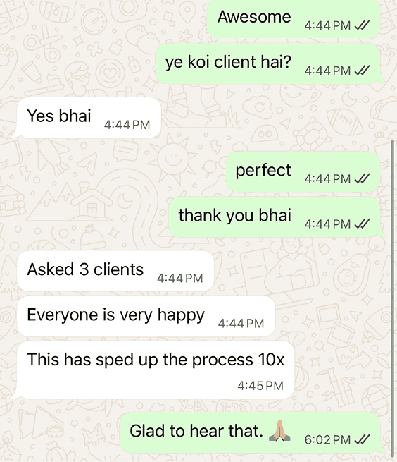 WhatsApp chat showing a client confirming positive feedback from 3 users, stating “everyone is very happy” and that the tool “sped up the process 10x,” highlighting Copycat’s impact on improving workflow speed and client satisfaction for photographers.