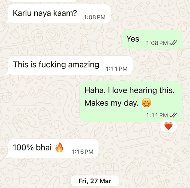 WhatsApp chat screenshot showing a user praising a new tool or project as “fucking amazing” and “100% bhai 🔥”, with the creator responding appreciatively—used as social proof for Copycat’s workflow automation tool for photographers.