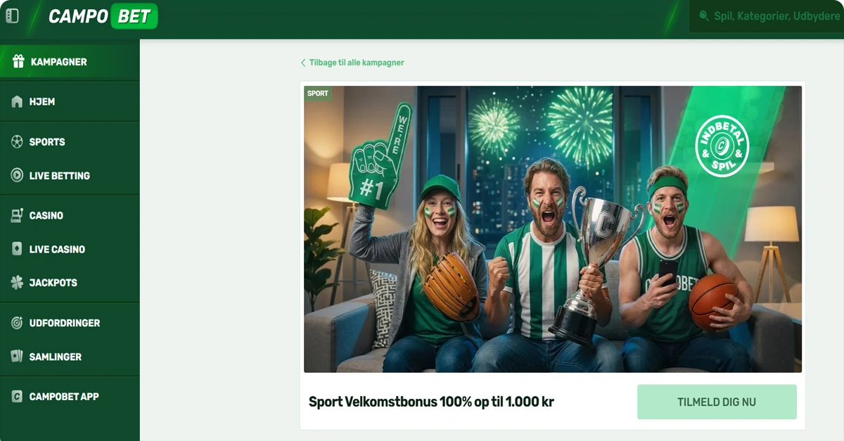 CampoBet Sport Bonus → 100% op til 1.000 kr. Velkomstbonus
