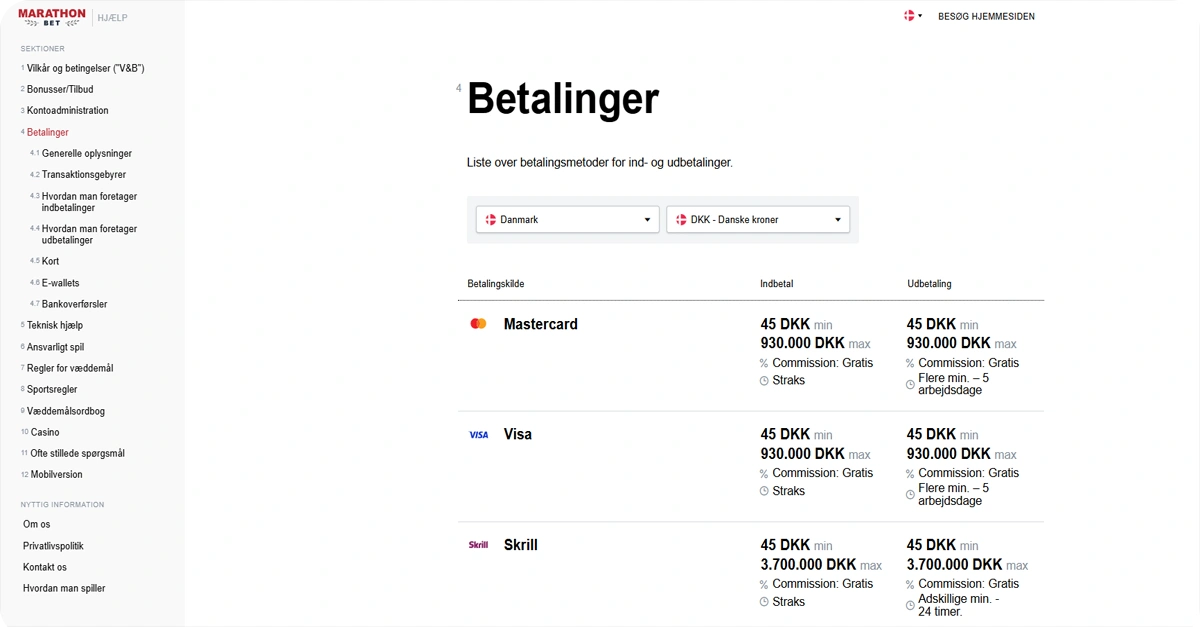 Ind- og udbetalinger hos MarathonBet