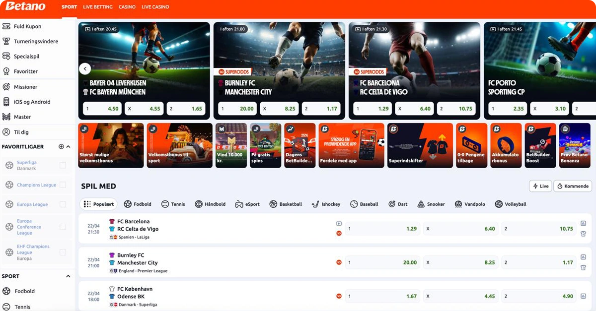 Betano Sport Bonus → 100% velkomstbonus op til 1.000 kr.