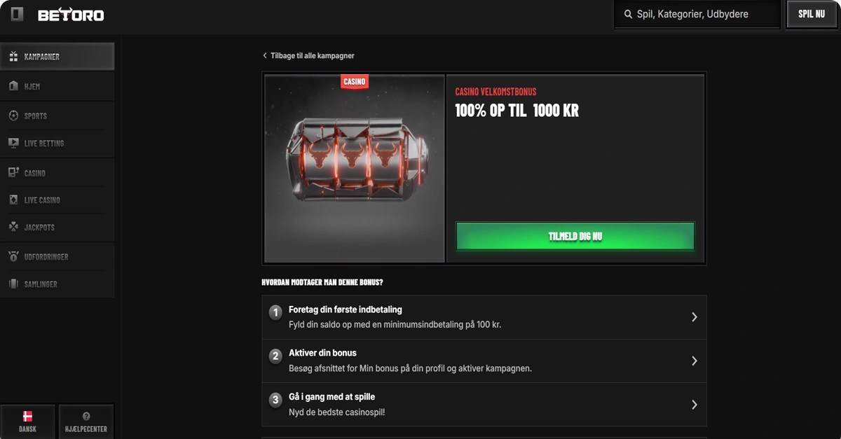 Betoro Casino Bonus – Få 100 % op til 1.000 kr. i velkomstbonus