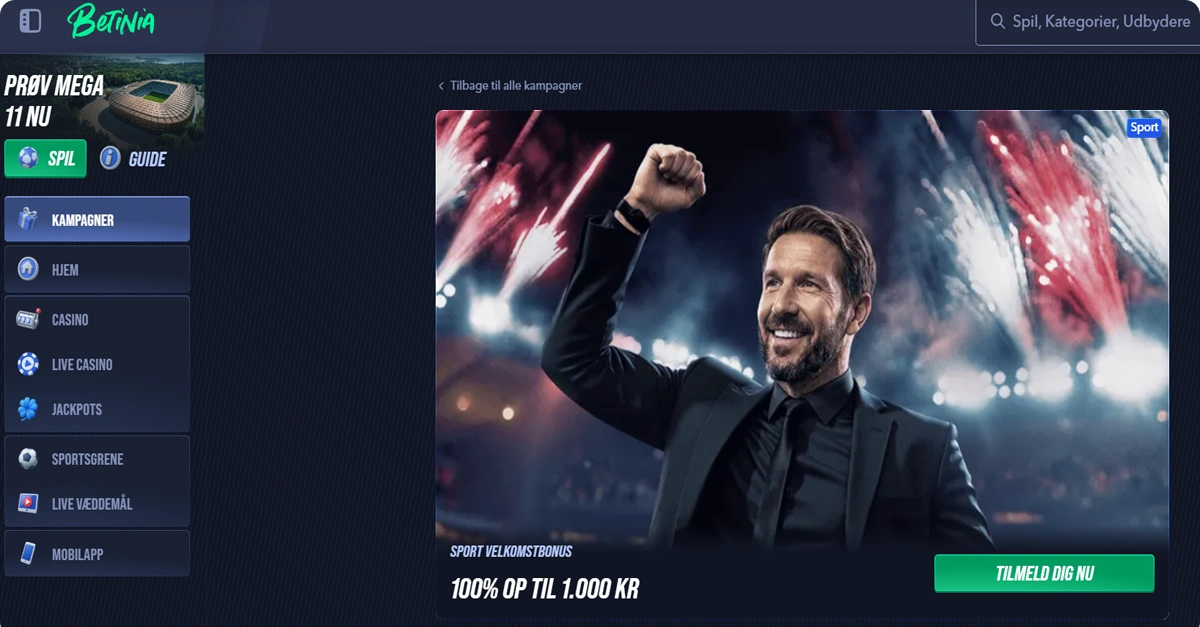 Betinia Sport Velkomstbonus – Få 100% op til 1.000 kr. til odds