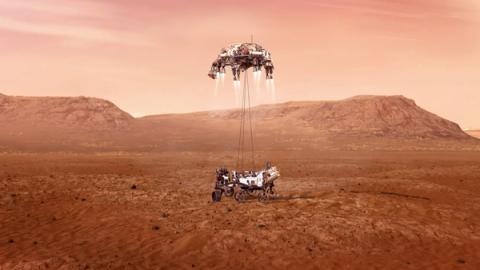 An illustration of NASA’s Perseverance rover landing safely on Mars