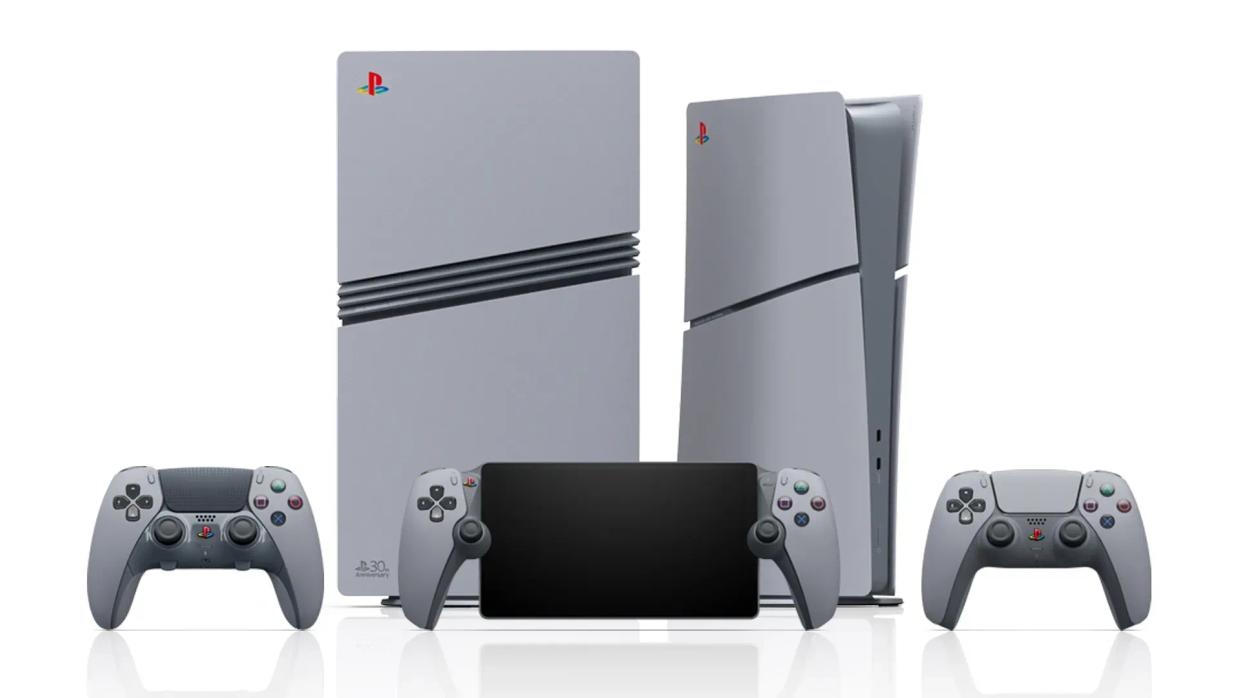A Sony PlayStation 5 pro anniversary edition console, controllers, and PlayStation Portal
