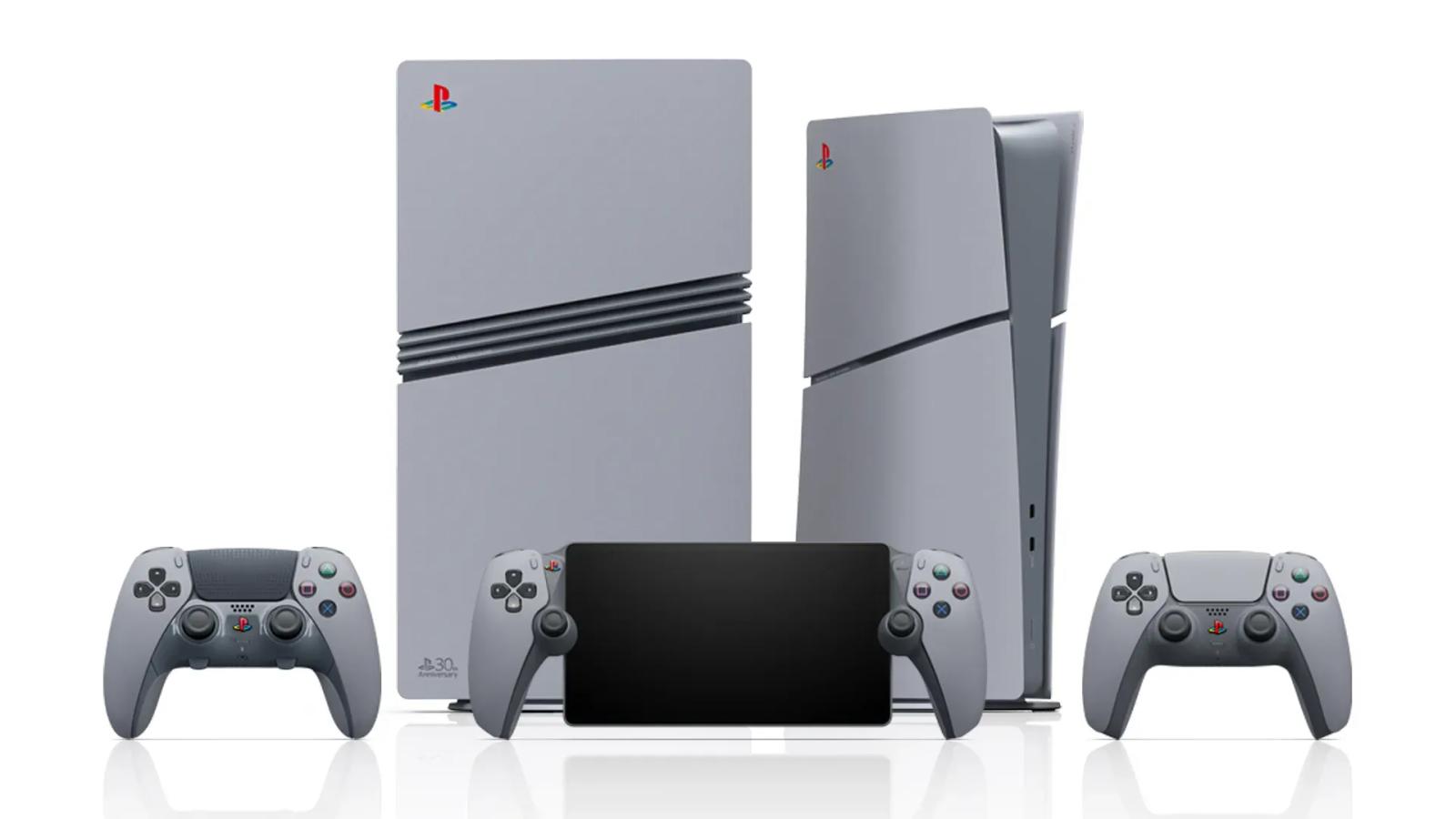 A Sony PlayStation 5 pro anniversary edition console, controllers, and PlayStation Portal