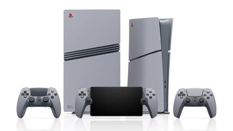 A Sony PlayStation 5 pro anniversary edition console, controllers, and PlayStation Portal