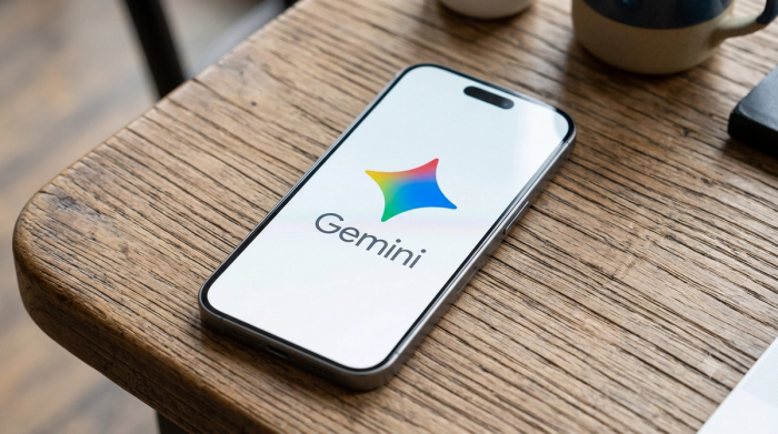 Google's Gemini logo displayed on a mobile phone laying on a wooden surface.