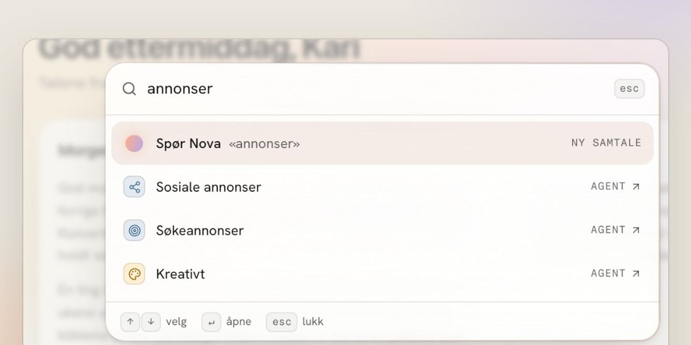 Søk eller spør Nova i M51 AI med treff på Nova og tre agenter