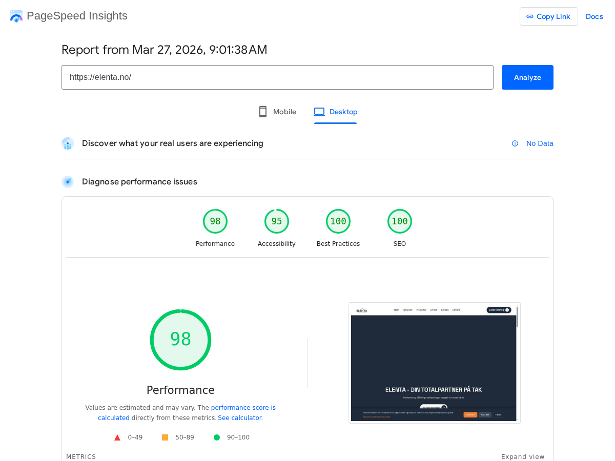 PageSpeed Insights Desktop: 98 Performance, 95 Accessibility, 100 Best Practices, 100 SEO
