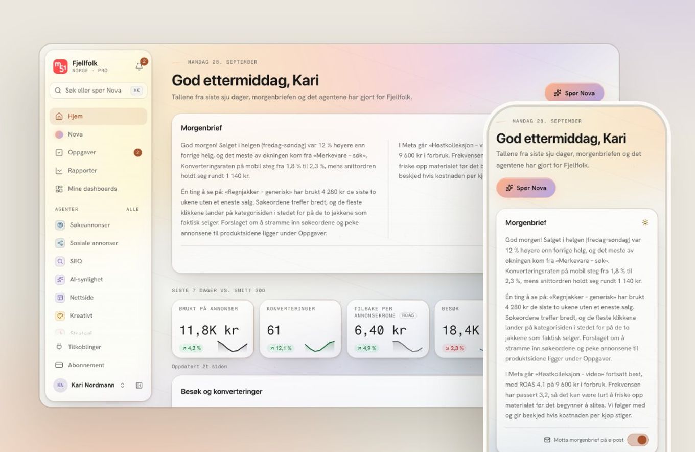 Hjem i den nye arbeidsflaten i M51 AI, på desktop og mobil