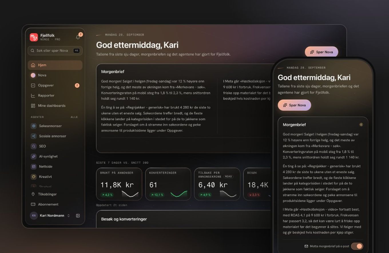 Hjem i den nye arbeidsflaten i M51 AI, på desktop og mobil