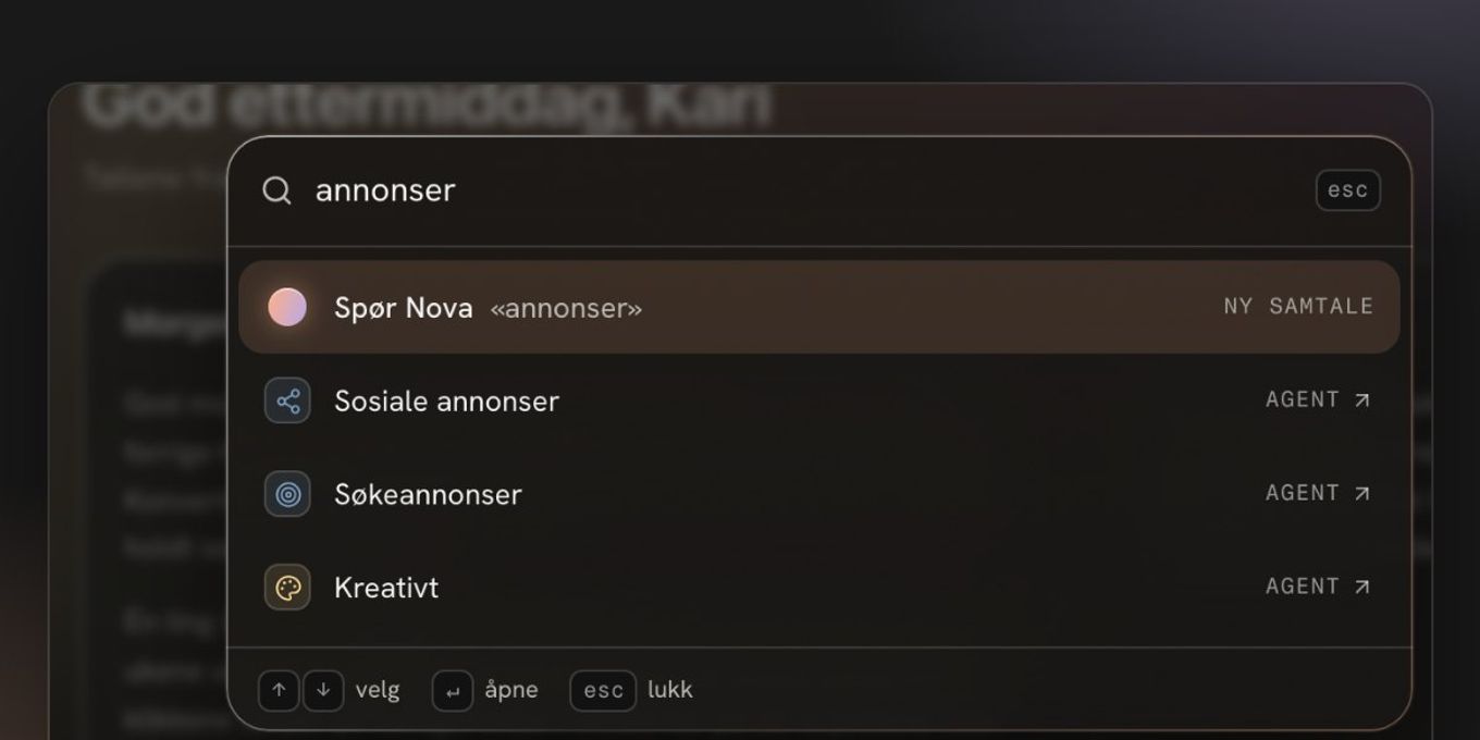 Søk eller spør Nova i M51 AI med treff på Nova og tre agenter