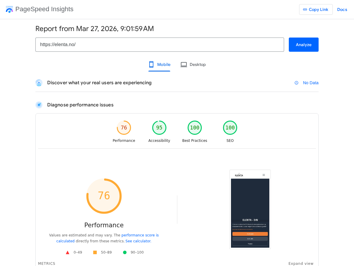 PageSpeed Insights Mobil: 76 Performance, 95 Accessibility, 100 Best Practices, 100 SEO
