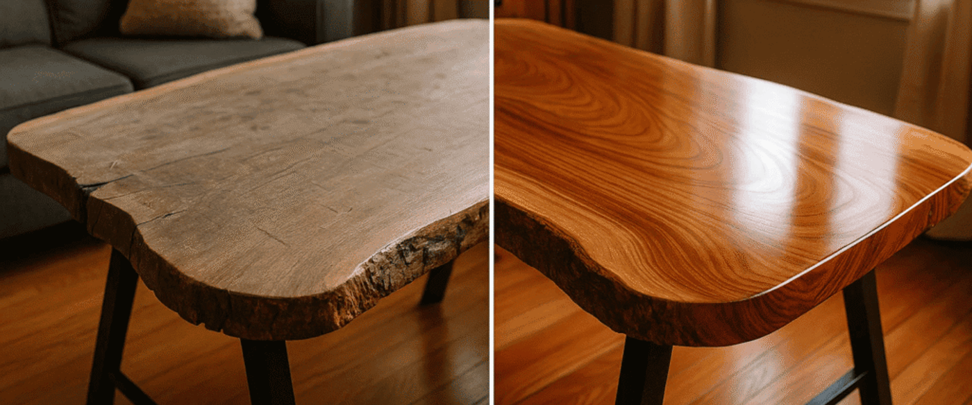 Worn live-edge wooden coffee table before (left) and after refinishing to a smooth, glossy grain-enhanced surface.