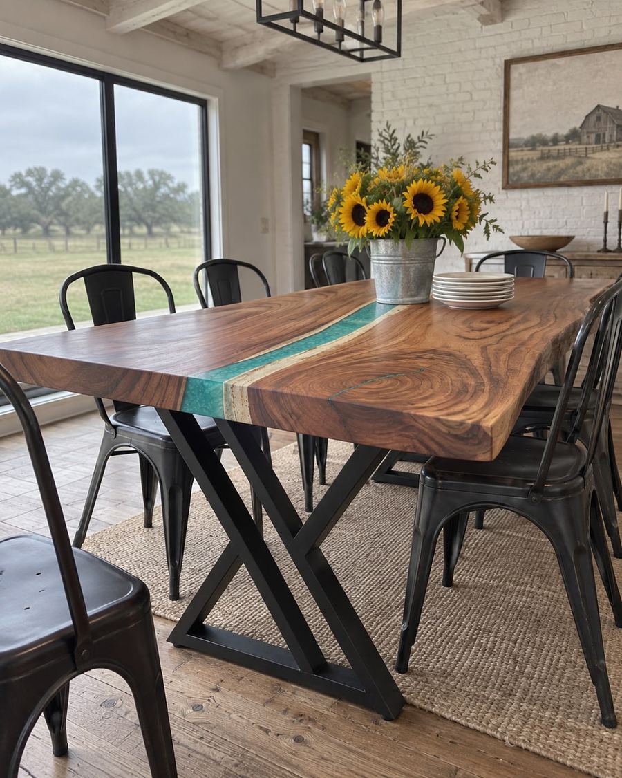 Rendering of the Daniela Sexta slab as a dining table with Double Y Legs in a modern farmhouse home