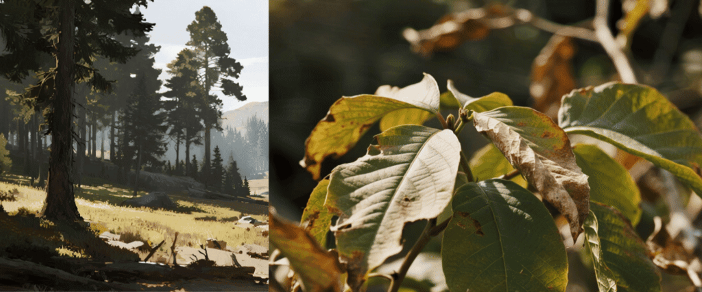 Sunlit forest clearing with tall pines, grassy path winding toward distant mountains under a pale sky.