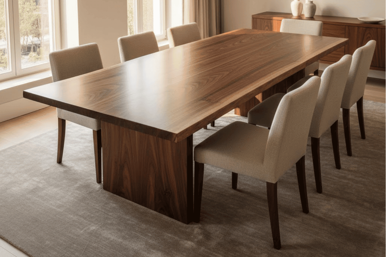 Sunlit modern dining room with large walnut table and eight beige upholstered chairs on a neutral area rug by windows