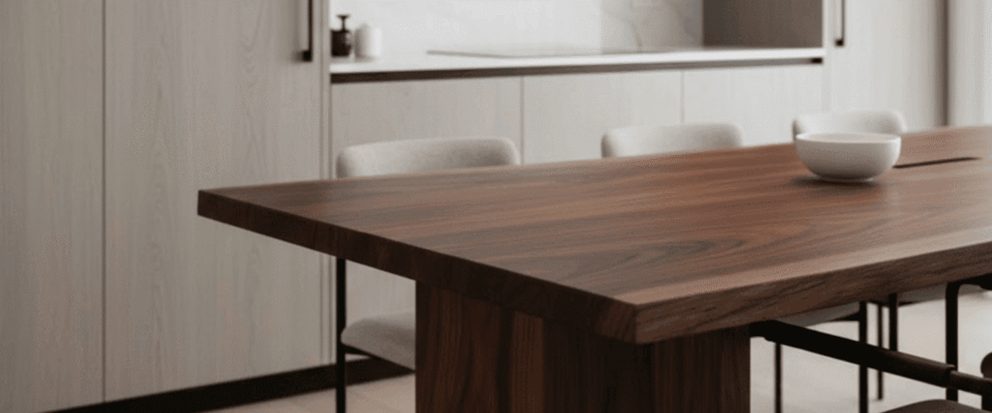 Minimal modern kitchen with a dark wood dining table, light upholstered chairs, marble backsplash, and linear pendant light