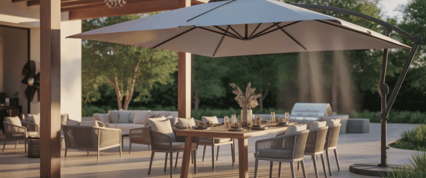 Modern outdoor dining area with wooden table, cushioned chairs, large cantilever umbrella, lounge seating and greenery behind.